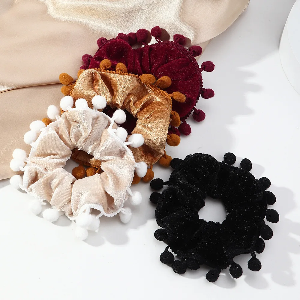 Girls Pompom Ball Tassel Velvet Elastic Hair Band Solid Hair Scrunchies Lovely Hair Tie Ponytail Holder Women Hair Accessories