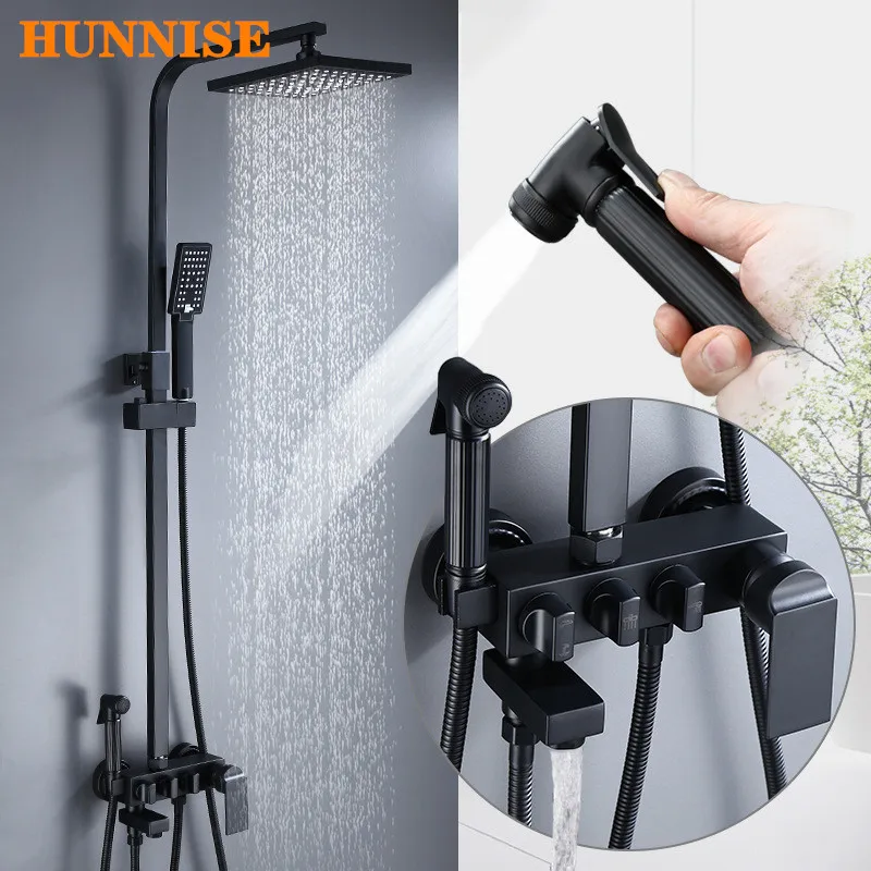 Black Shower Set Rainfall Spa Shower Head Matte Black Bathroom Fixture Copper Brass Bathroom Faucet Black Bronze Shower Set