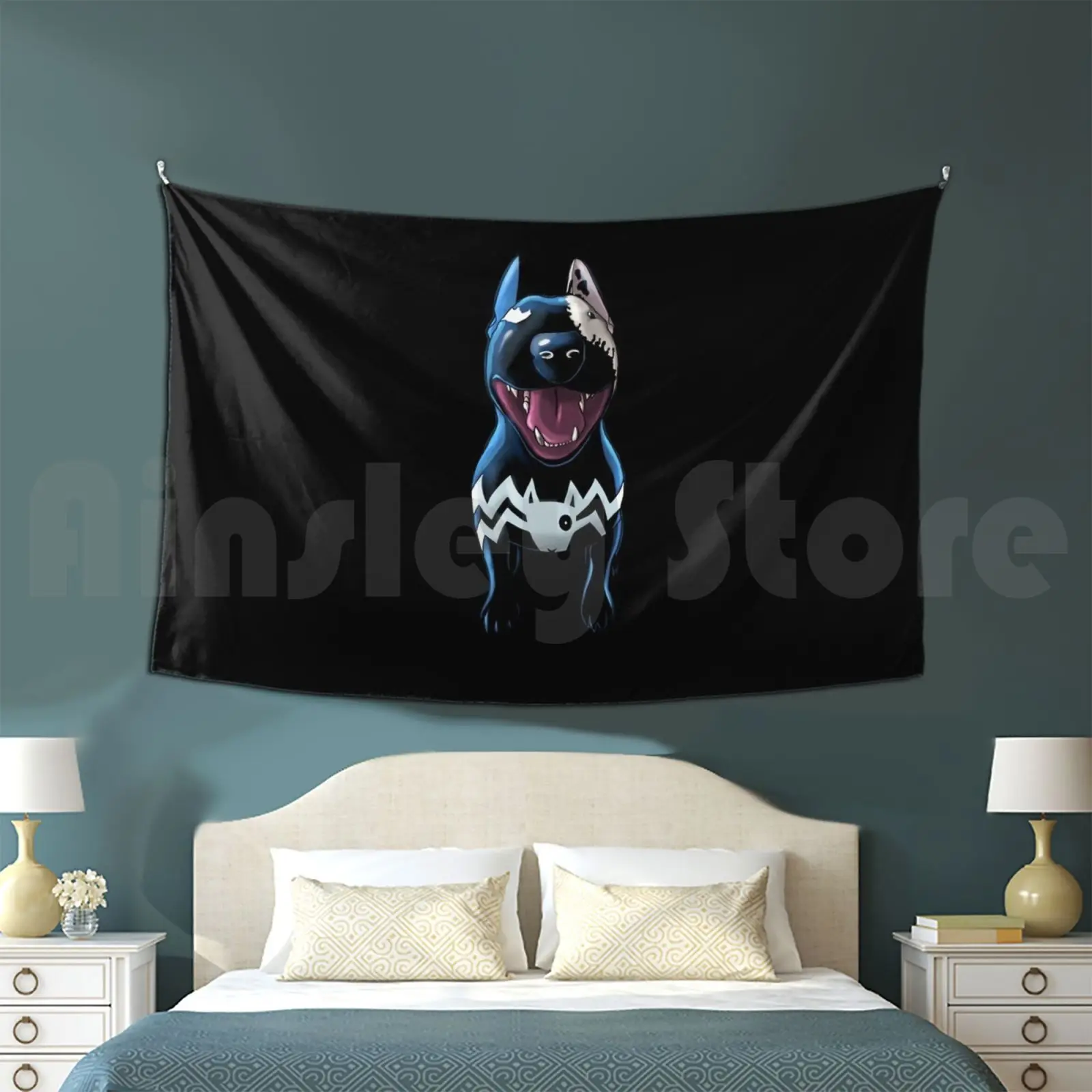 Superhero & Supervillain-2 In 1-White , No Text Customized Tapestry Hero Dog Smile Bullterrier