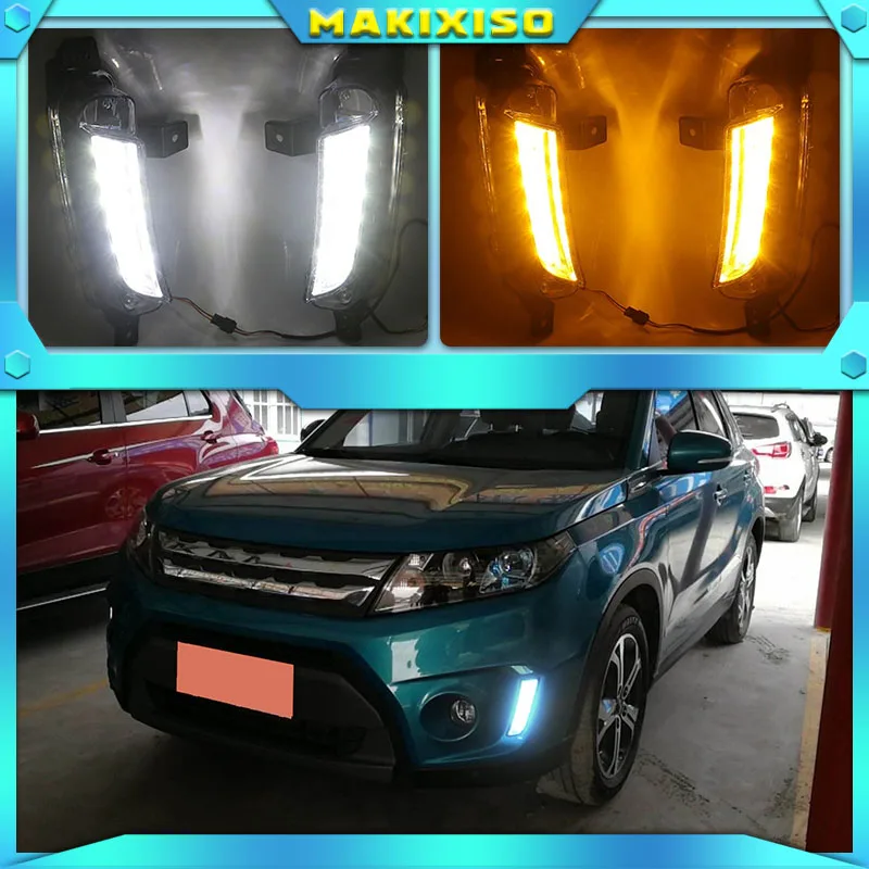 2PCS Car LED Daytime Running Light DRL For Suzuki Vitara 2015 2016 2017 2018 2019 2020 Fog lamp with yellow Turn Signal