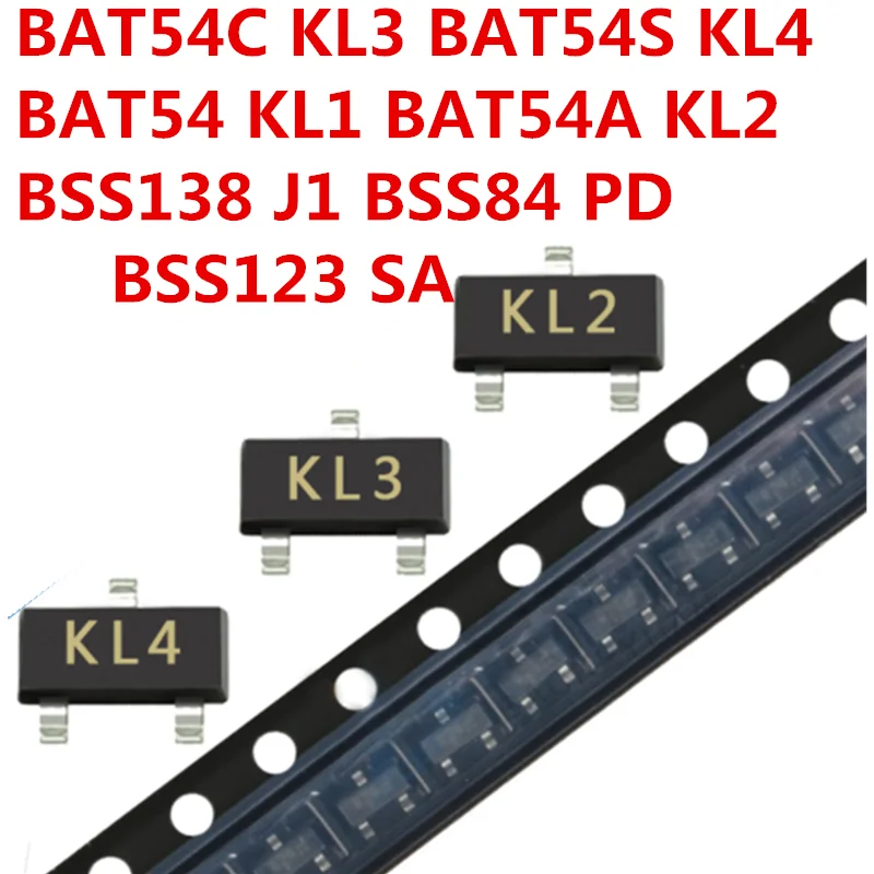 100 peças BAT54C KL3 BAT54S KL4 BAT54 KL1 BAT54A KL2 BSS138 J1 BSS84 PD BSS123 SA BAV99 A7 BAW56 A1 BAV70 A4 BAS16 A6 SOT-23