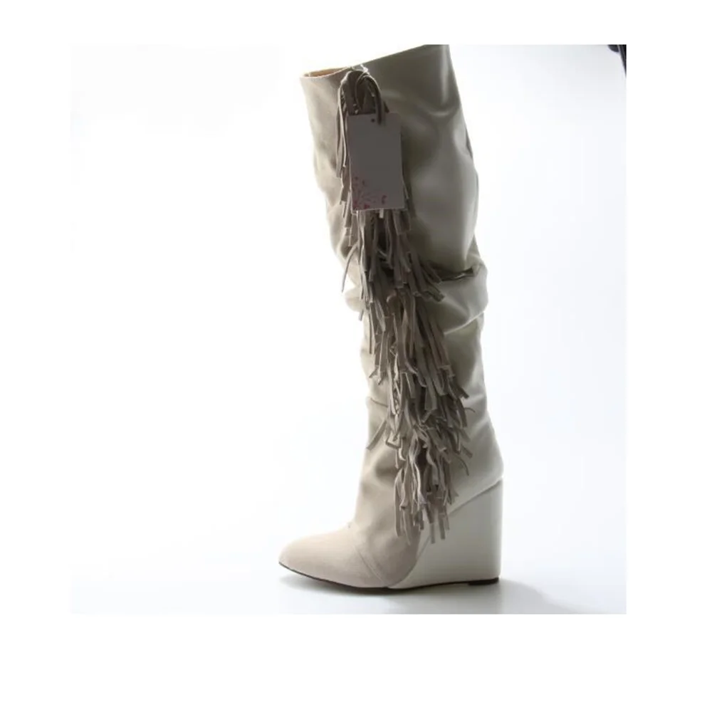 Women Shoes  White Leather Tassel Knee High Boots Women Round Toe Fringe Wedge Boots Winter Dress Shoes High Quality Real Photo