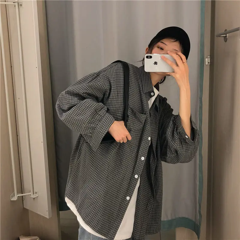 Shirts Women Retro Plaid College New Vintage Ulzzang All-match Pockets Button Up Tops Harajuku Spring Loose Students Popular Ins