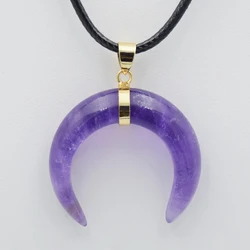 Natural Stone Crystal Crescent Moon Pendants Necklaces Tiger Eye Pink Quartzs Gold Color Reiki Healing Women Men Charm Jewelry