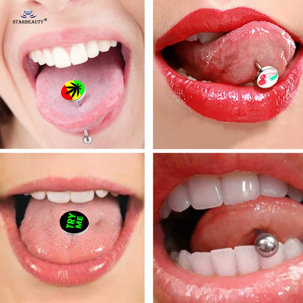 2Pcs DIY 14G 16mm Surgical Steel Barbell Sipder Cherry Dog Cat Tongue Piercing Jewelry Football Sexy Tongue Rings for Women Men