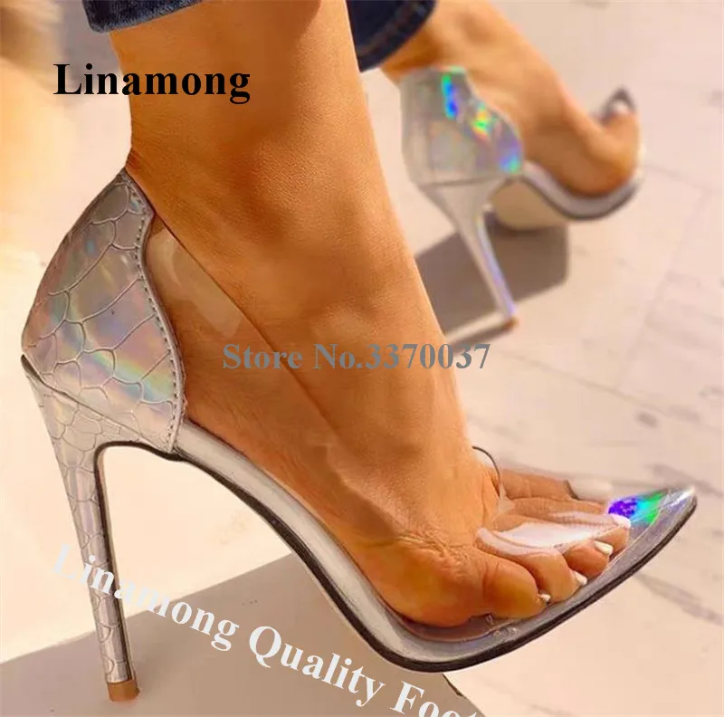 Linamong Sexy Clear PVC Reflective Patchwork Stiletto Heel Pumps Slip-on Transparent High Heels Formal Dress Shoes Wedding Shoes