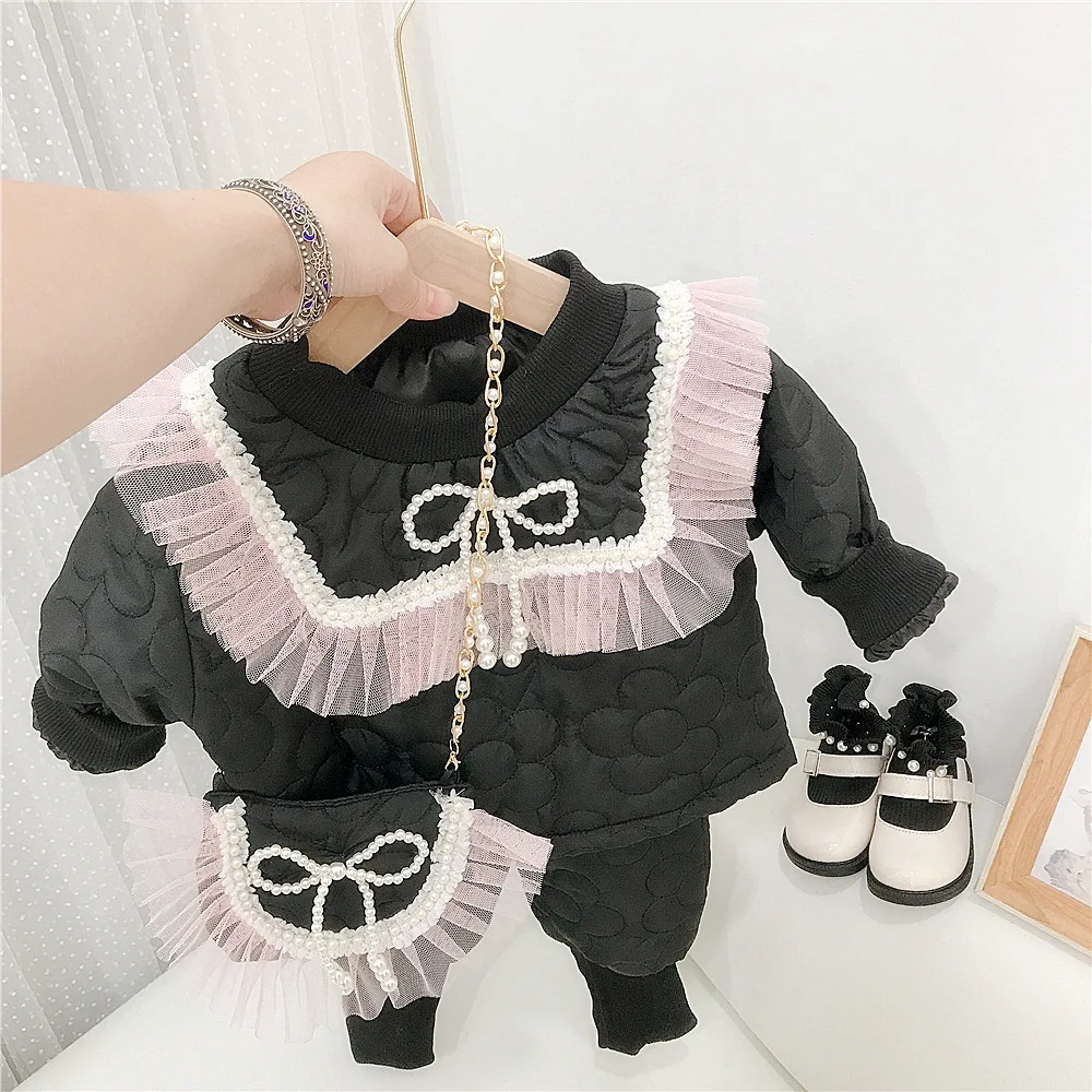 Fashion Baby Girls Pearls Beading Lace Pullover Outwear Coats+Pants 2Pcs Autumn Winter Children Clothing Sets Kids Warm Snowsuit