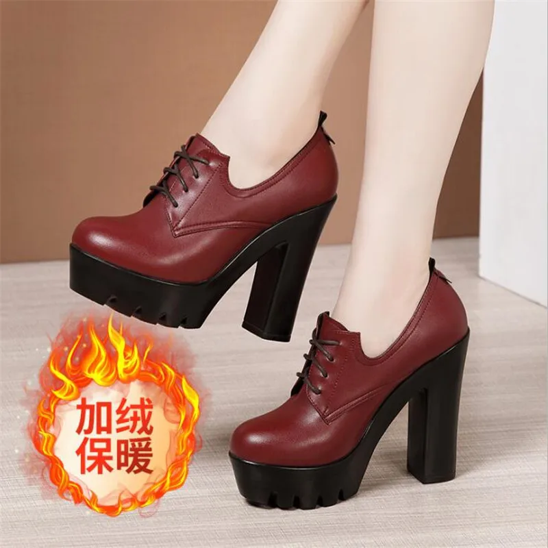 Women Pumps Shoes Deep Mouth Pointed Toe Leather Shoes Spring Autumn Black High Heels Fashion Lace up Office Shoes Ankle Boots