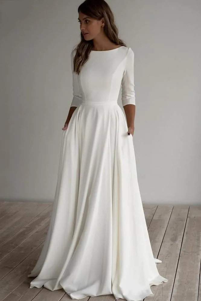 Simples vestido de casamento de cetim macio 2023 com bolsos o pescoço 3/4 mangas vestidos de noiva branco vestido de noite