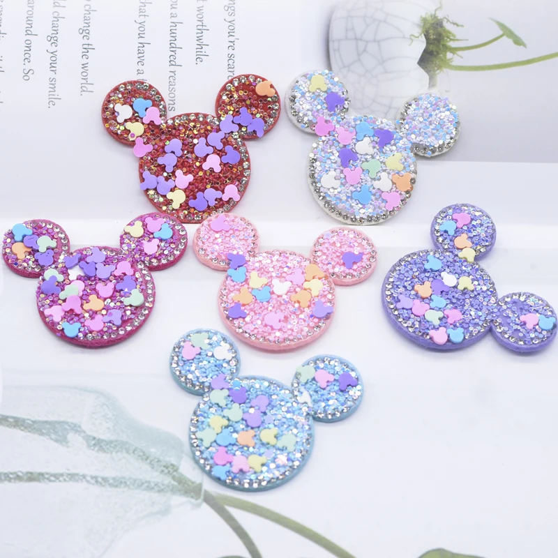 6Pcs 52*42mm Clay Sprinkle Mouse Head Rhinestone Applique for DIY Clothes Decor Patches Headwear Hair Clips Bow Accessories