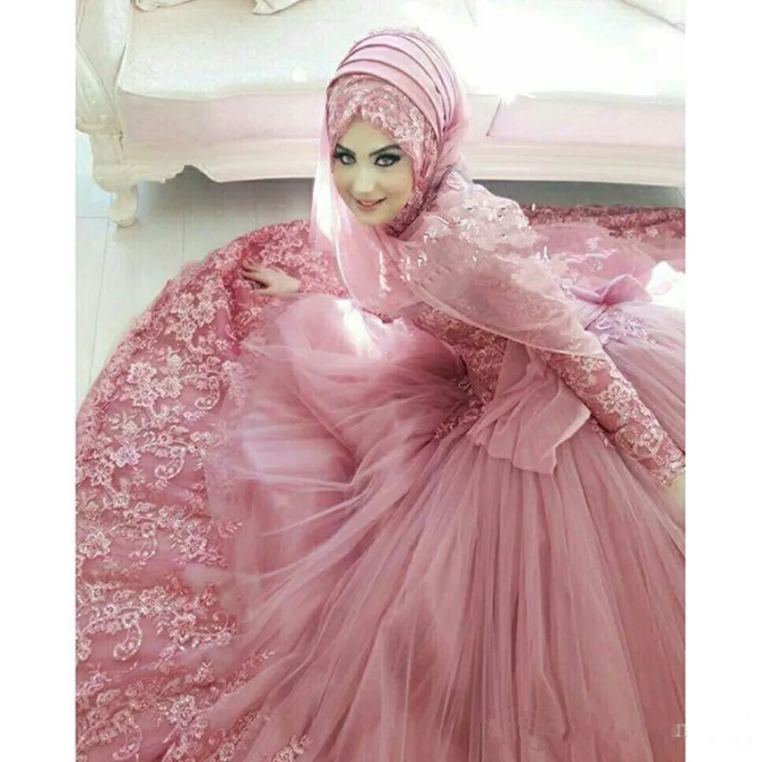 Vestidos de novia musulmanes de manga larga, cuello alto, de encaje, estilo islámico Vintage Dubái, con Hijab, 2019