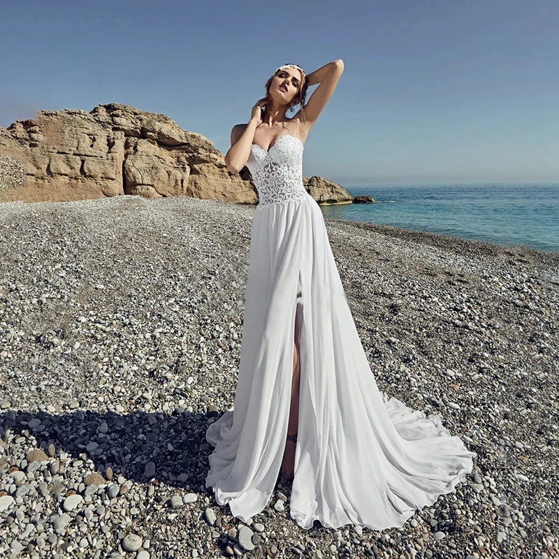 Latest Summer Boho Wedding Dresses Beach Lace  Gowns Sweetheart Side Split Bridal  Sleeveless 2021 Sweep Train