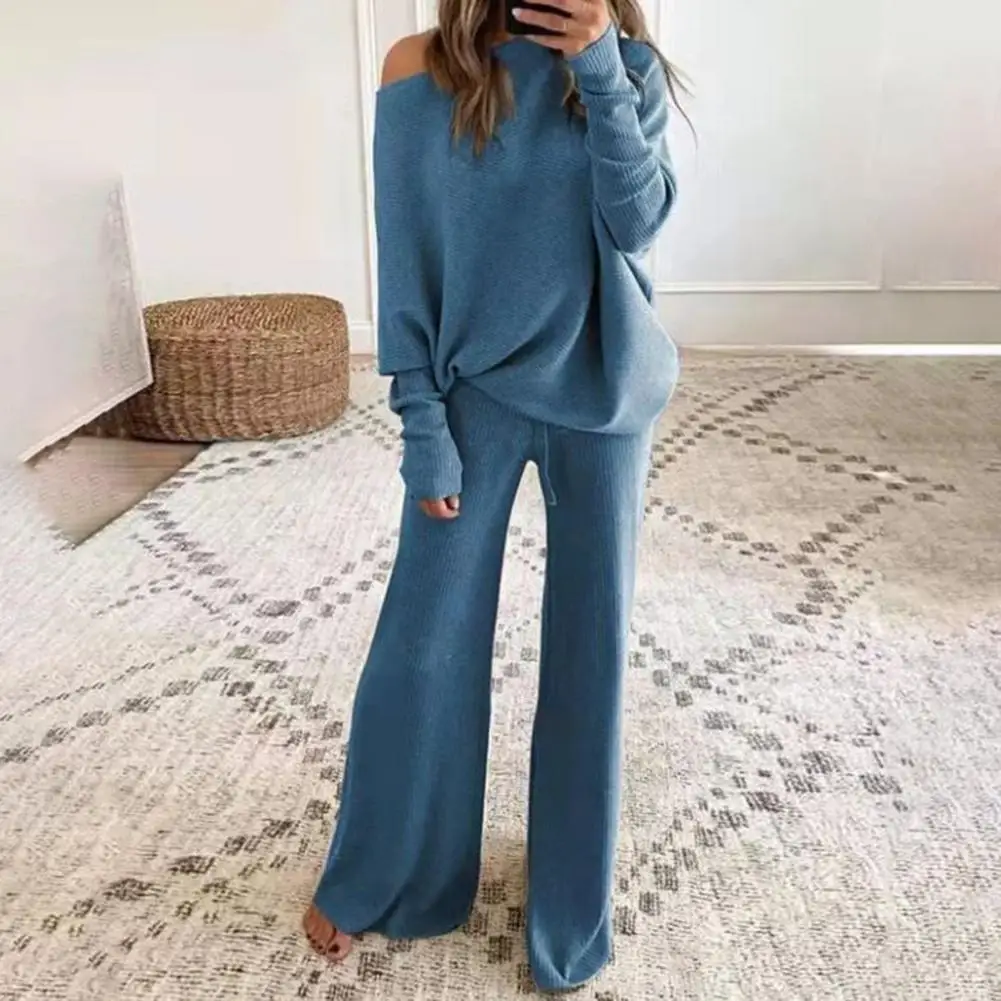 2pcs Autumn Winter Pant Suits Women Outfits Knitted Pullover Top Wide Leg Pants Two-piece Set Women Tracksuits комплекты одежды