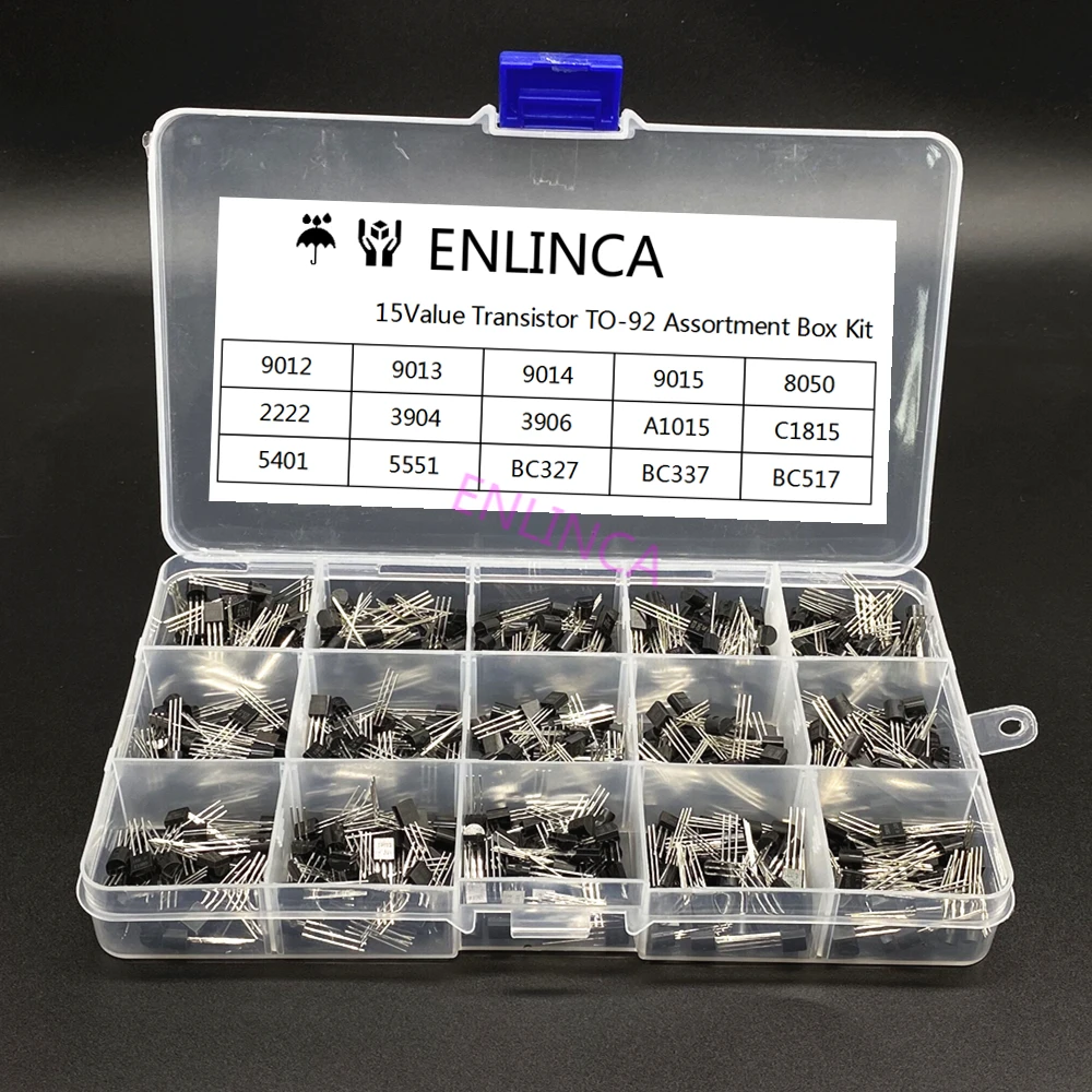 600Pcs 15Value x 40Pcs Transistor TO-92 Assortment Box Kit Transistors 2N2222 2N3904 2N3906 C945 S8050 S8550 S9014 S9013 9018