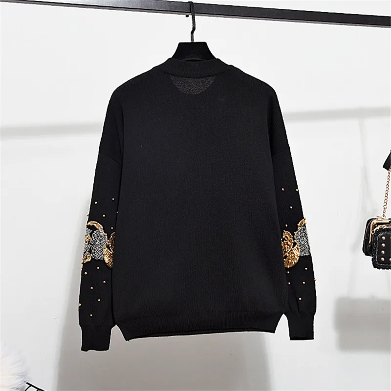 Fashion Autumn Two Piece Set Women Pullover Sweater + Small Feet Pants Casual Beading Florals Tracksuits Outfits Female H1623