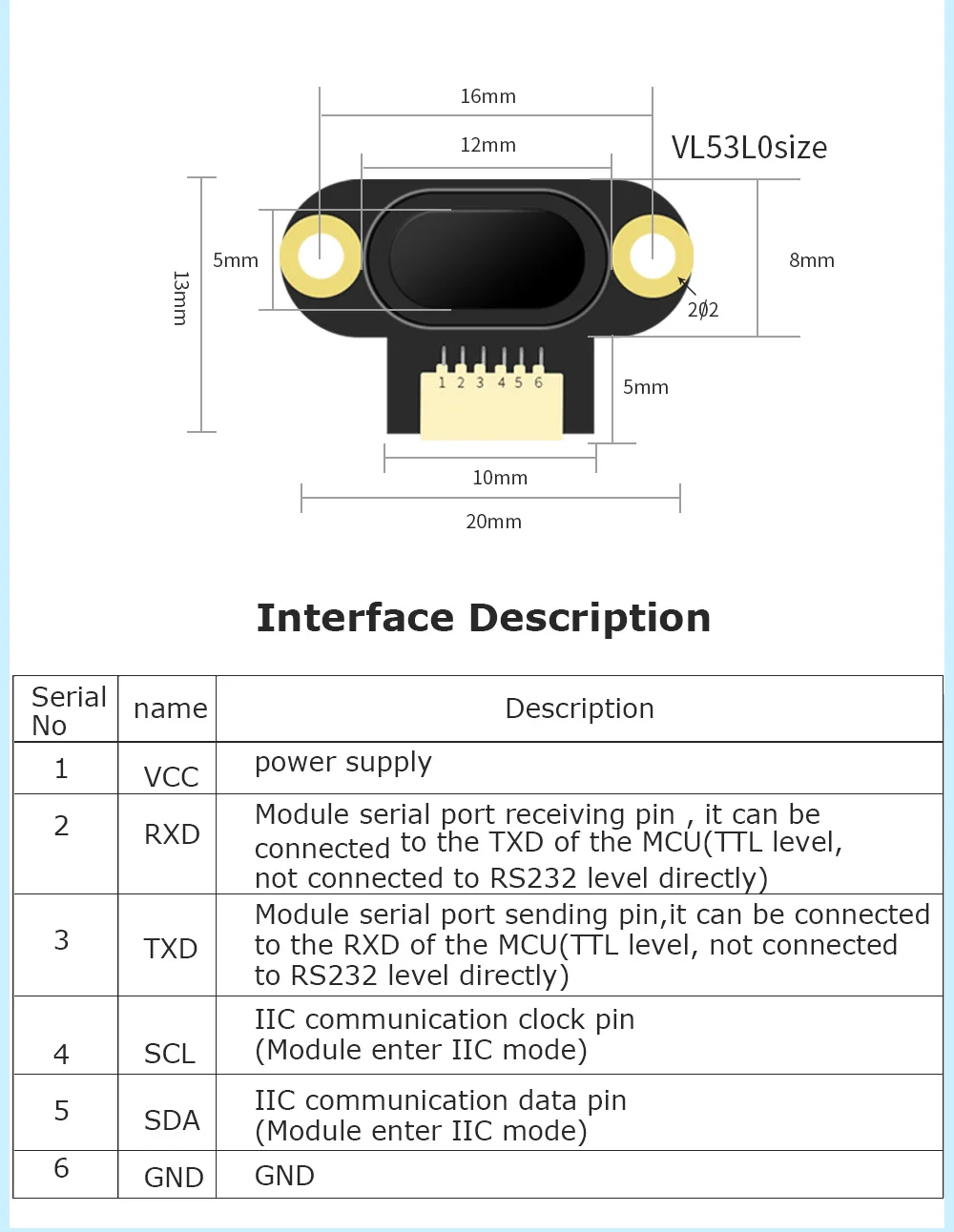 VL53L0 VL53L1 VL53-400 Laser-Entfernungssensormodul, Entfernungsmodul, seriell, TTL, IIC, I2C, ASCII-Ausgang, 3–200 cm, 4–400 cm, 3,3–5 V – Detail 11