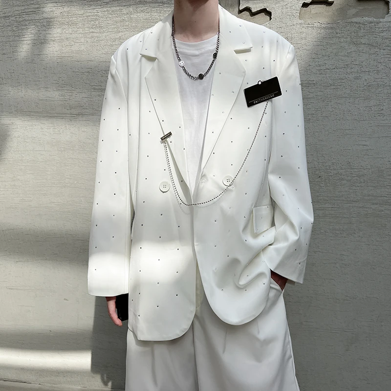 

Autumn 2021 Diamond Oversize Korean Style Blazers Mens Loose Wide Suits Mens White Elegant Clothing Designer Gentleman Dress New