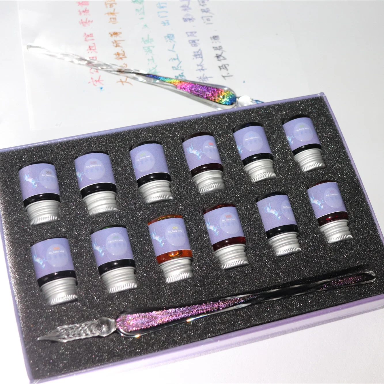 Glass Dip Pen And Ink Set Creative Handmade Dip Pens Gold Powder Ink Gifts For Friends And Classmates Glass Fountain Pencil