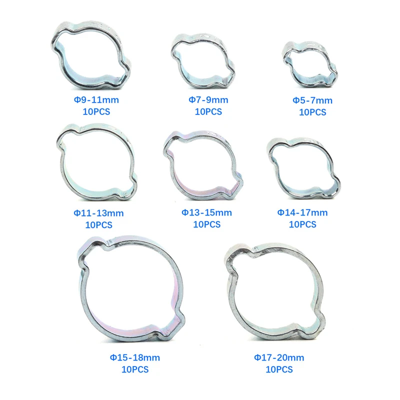 80PCS Assorted Hose Clamp Double Ears Clamp Worm Drive Fuel Water Hose Pipe Clamps Clips Hose Fuel Clamps 5-20mm Kit