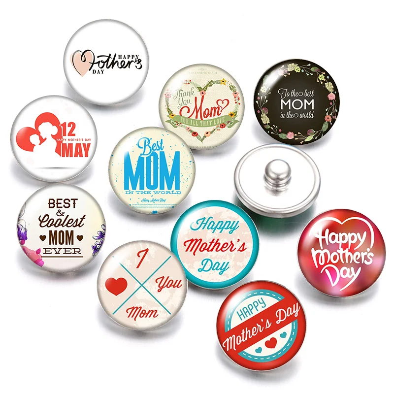 

Love MOM Mother's day 18mm snap buttons 10pcs mixed round photo glass cabochon style for snap button jewelry