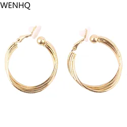 WENHQ European and American Style Big Hoop Clip on Earrings  No Pierced Geometric Metal Gold Color  Cuff Earrings Charm Ear Clip