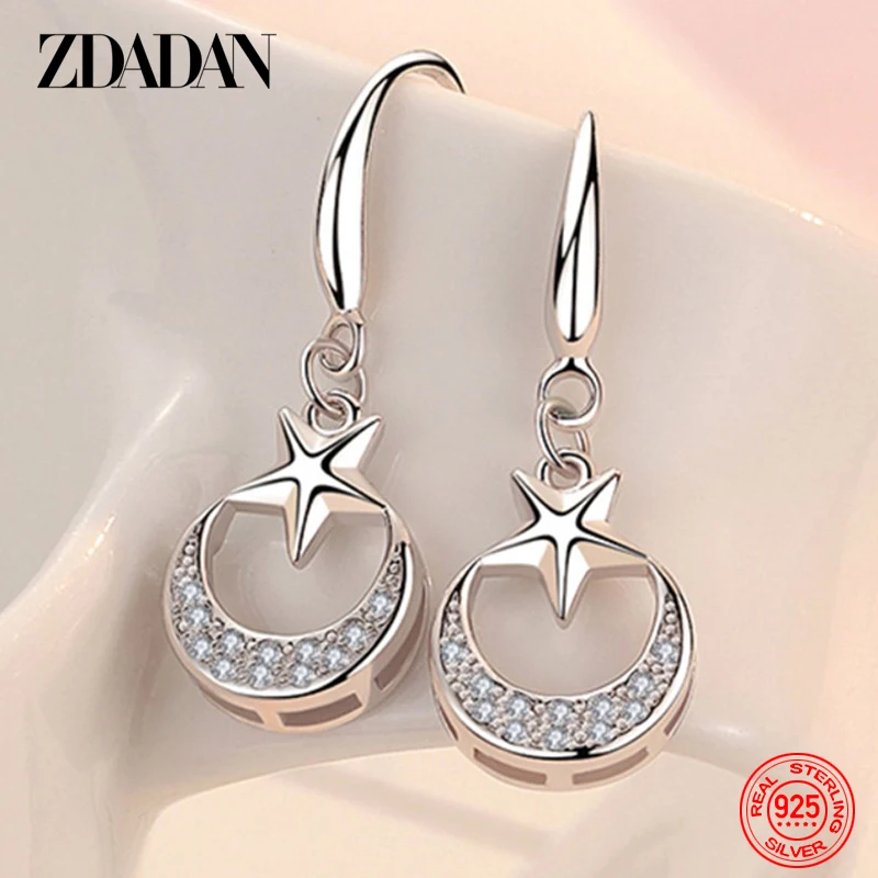 ZDADAN 925 Sterling Silver Star Moon Dangle Earrings Dla kobiet Moda Biżuteria imprezowa Akcesoria
