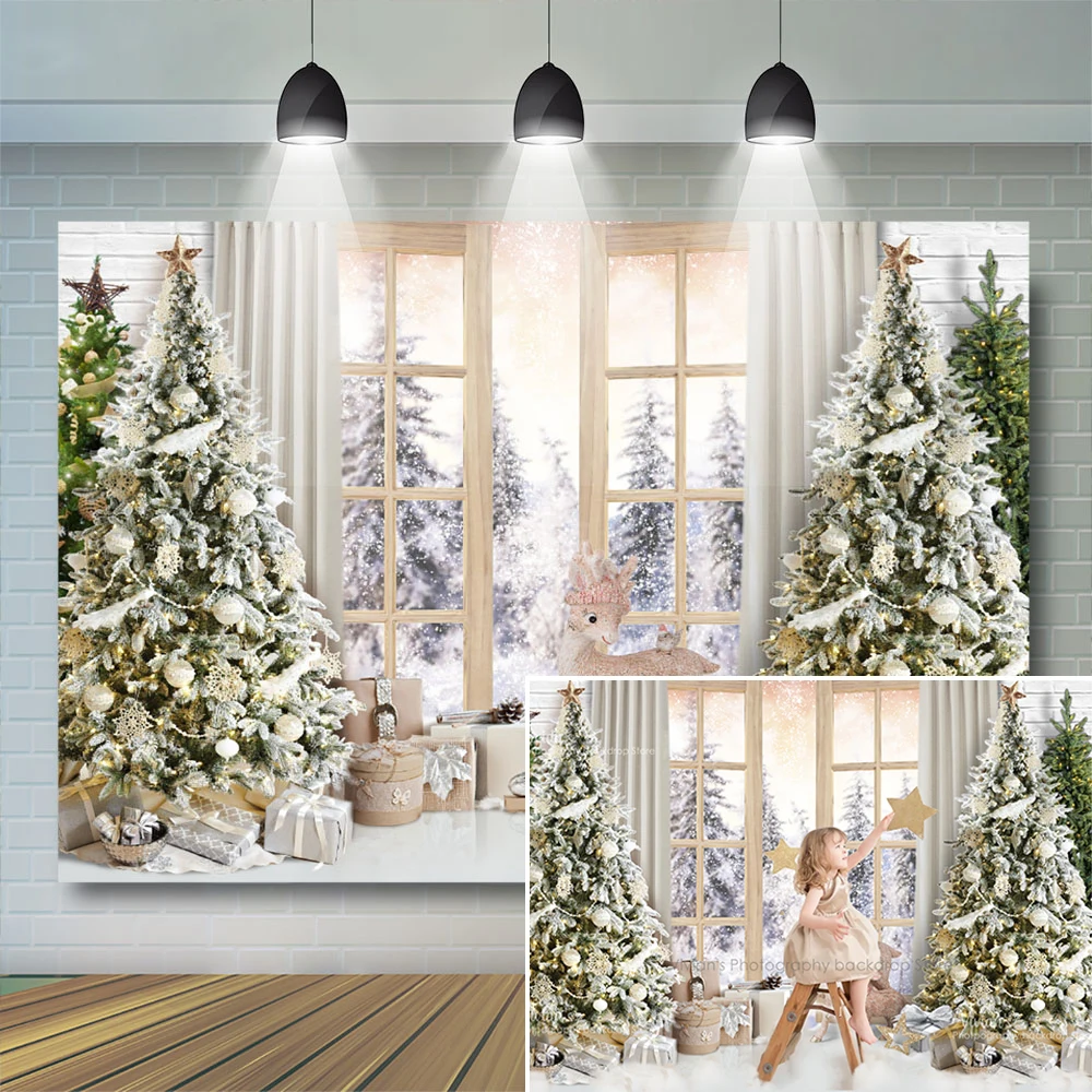 Mockica natal fotografia crianças retrato criança rena inverno neve janela árvore de natal banner menina recém-nascido photostudio