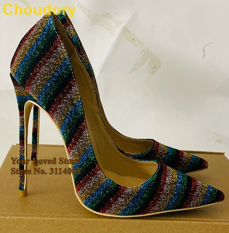 Choudory Bling Bling Rainbow Stripe Sequined Pumps 12 10 8cm Stiletto High Heel Shallow Shoes Pointed Toe Party Shoes Size 45