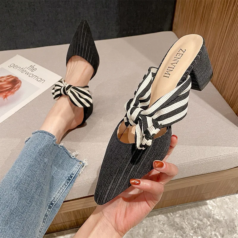 Women Pointed Hollow Striped Bowknot Slippers Summer Ladies Square High Heel Slip On Flip Flop Elegant Female Mule Slides Sandal