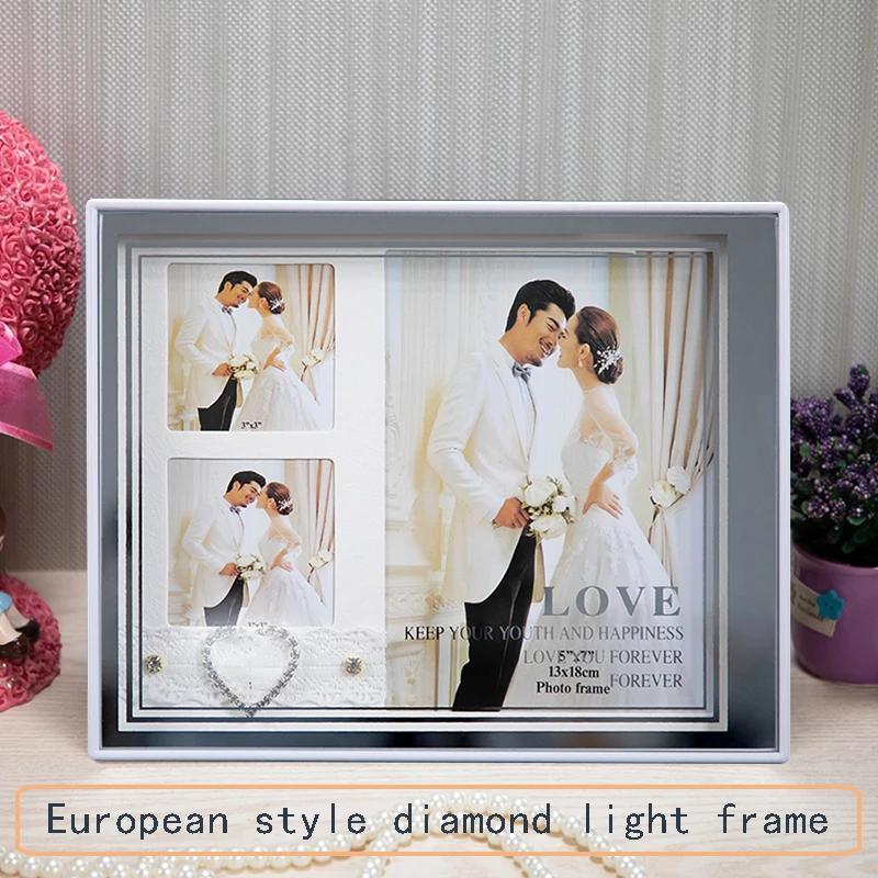 European style fashion photo frame white color photo frame with light LED USB, used for art decoration display frame