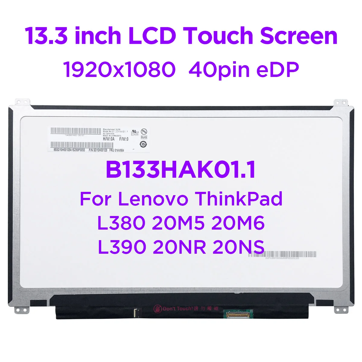 Pantalla táctil LCD de 13,3 pulgadas para portátil, para Lenovo ThinkPad L380, L390, S2, IPS, FHD, 40pin, eDP, B133HAK01.1, B133HAK01.2