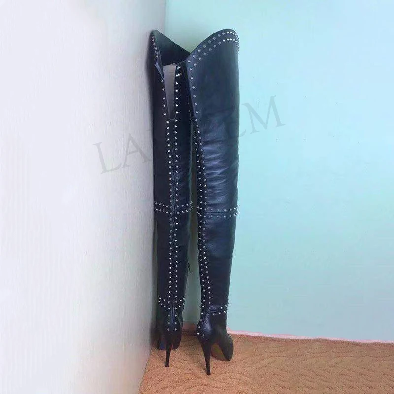 LAIGZEM SUPER Women Thigh High Boots Side Zip Stiletto Heels Platform Party Boots Rivets Over Knee Shoes Botine Large Size 50 52