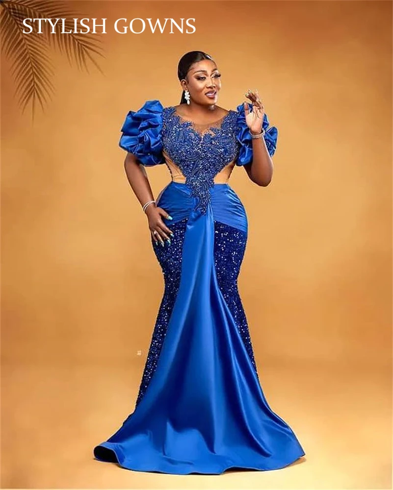 Aso ebi afrikanisches königsblau schiere o Hals Abendkleider Pailletten Perle lange Luxus formelle Kleider Frauen elegante Robe de Soiree