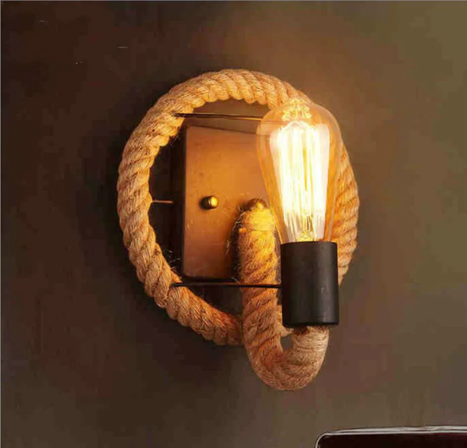 American Retro Round Rope Hemp Rope Edison Bulb Wall Light Aisle Balcony Stairs Bar Coffee Shop Iron Wall Lamp
