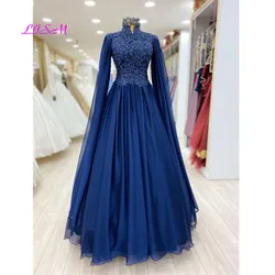 Elegant Chiffon Appliques Beaded Muslim Prom Dress 2021 Saudi Arabic Islamic Evening Formal Party Ball Gowns with Cape