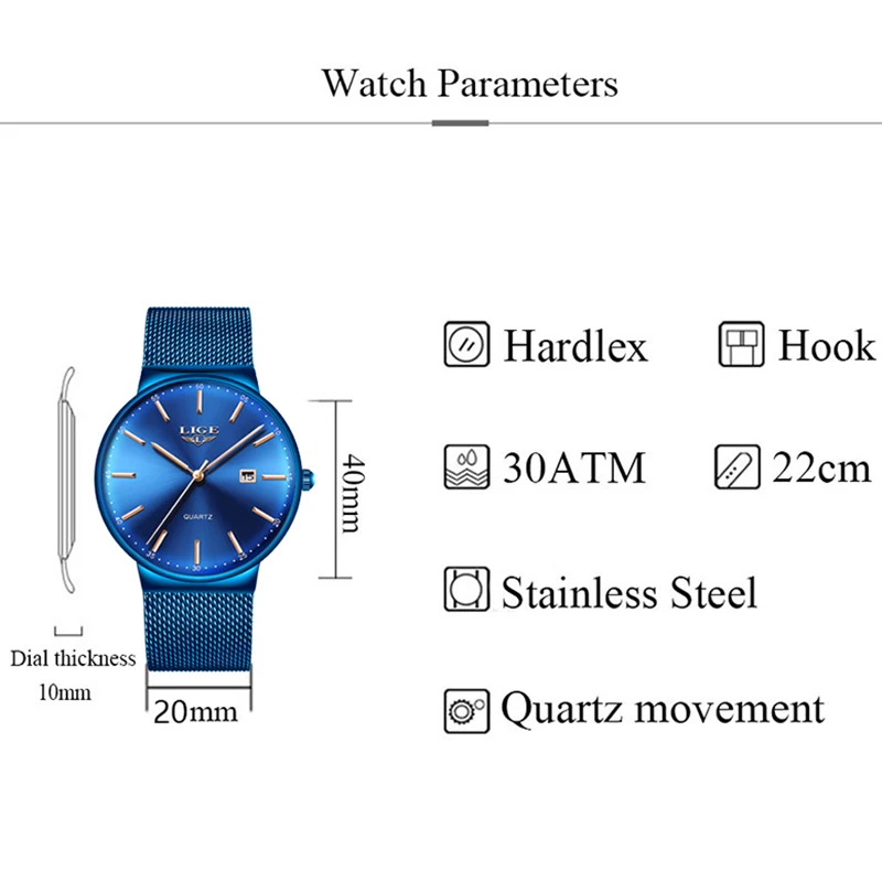 LIGE-reloj analógico de cuarzo para mujer, accesorio de marca superior de lujo, con malla azul, con fecha de acero inoxidable, esfera ultrafina a la