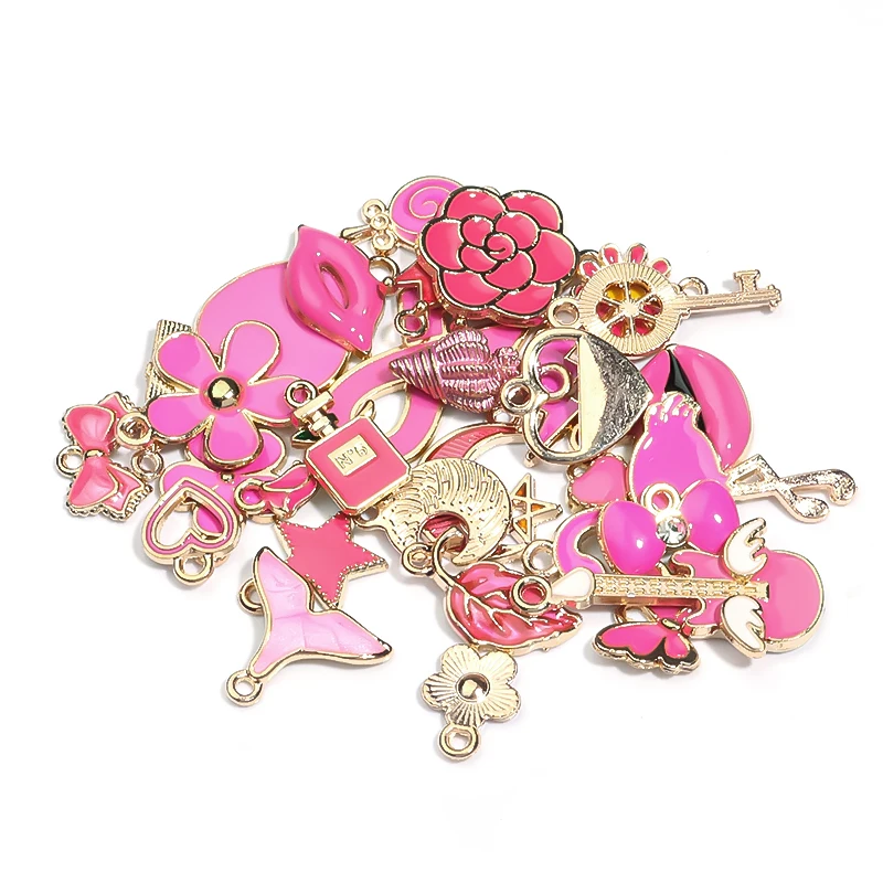 30pcs/Lot Pink Lips Lipstick Flowers Heart Enamel Charms For Jewelry Making For Women DIY Bracelet Earrings Pendant Wholesale