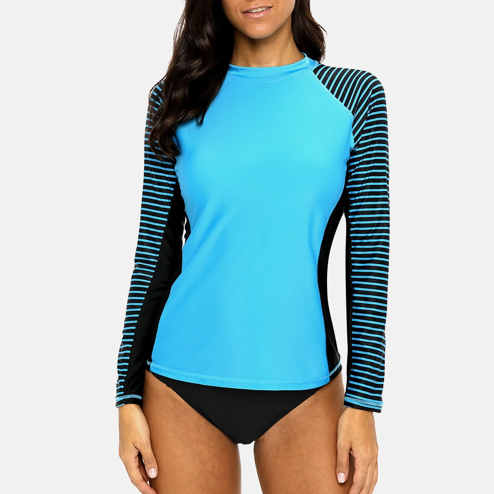 Anfilia Women Long Sleeved Rashguard Swimwear Striped Rash Guards Patchwork Surfing Swimsuits For Women Running Top UPF50+