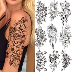 Sexy Peony Temporary Tattoos For Women Girls Drearmcatcher Flower Tattoos Sticker Black Butterfly Fake Bird Tatoos Half Sleeve
