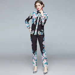 Fashion Runway Designer Suit Set Autumn Women's Long Sleeve Vintage Print Tops + Pocket Pencil Pants Two Piece Set