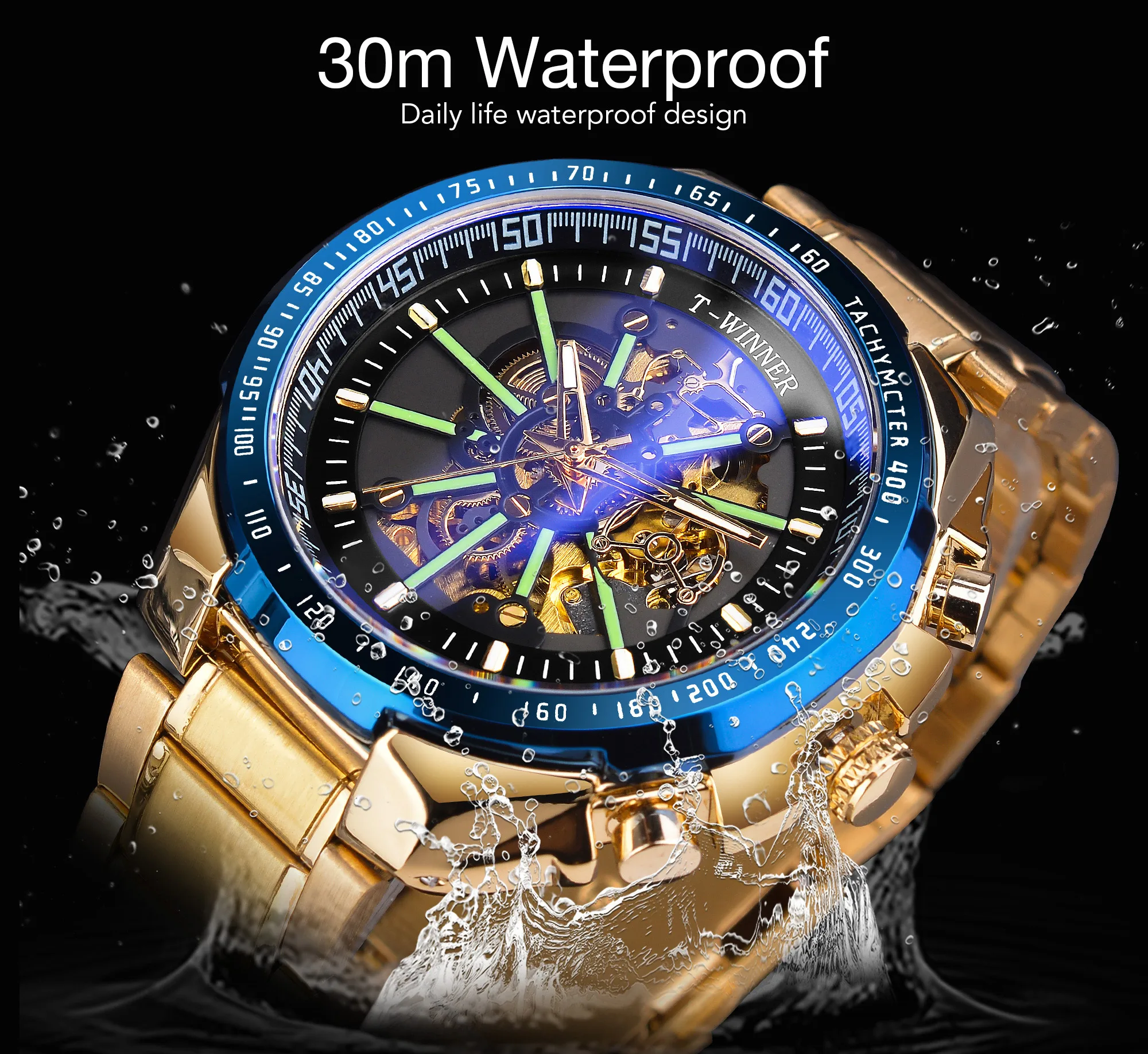 Winner Blue Light Glass New Fashion Mens Watches Black Golden Stainless Steel Waterproof Sport Automatic Watch Luminous Clock