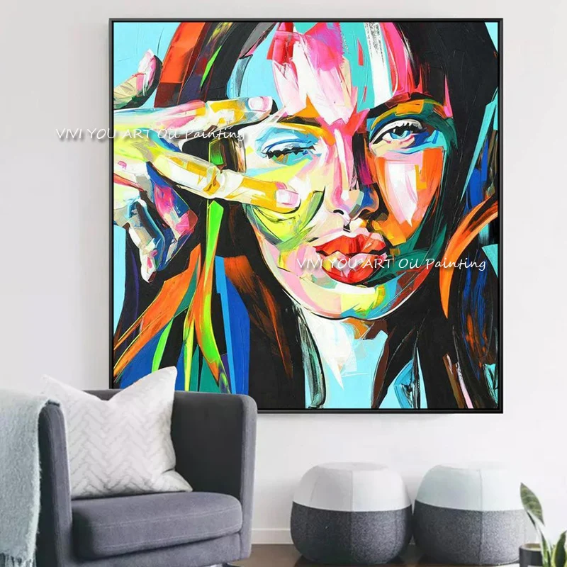 

Large Modern Graffiti Women Face Palette knife Face Oil painting Colorful Handpainted High Quality Pictures Wall Art Decoration