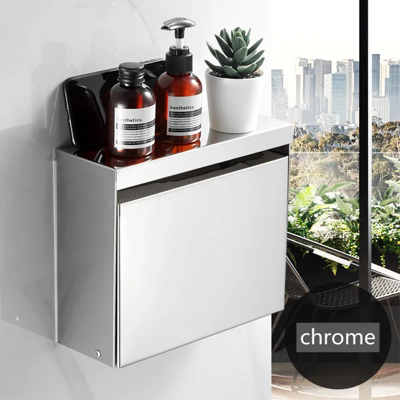 Black Silver Stainless Steel Tissue Paper Box Nail-Free Install Toilet Paper Holder Waterproof Paper Extraction Storage Rack