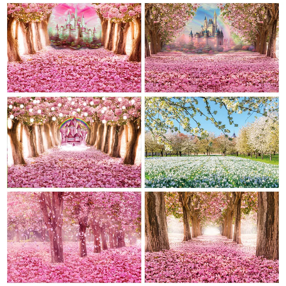 Laeacco Spring Backdrops Blossom Flower Cherry Petals Green Grass Sunshine Scenic Photo Backgrounds Photo Backdrops Photo Studio