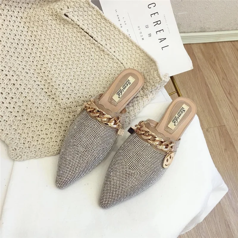 SNURULANPointed Toe Half Slippers Female Summer Wear New Fashion Rhinestone Lazy Flats Sandals Casual Mules Metal Chain Slide