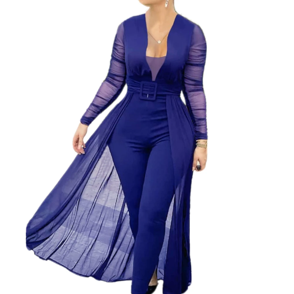 Women Summer Deep V-Neck High Waist Long Sleeve Mesh Pacthwork Wide Leg Pant Jumpsuit Romper