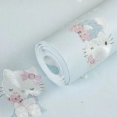 Cute 3D Pink Cartoon Cat Wallpaper Non-woven Children's Room Girl Princess Room Warm Bedroom Wall Paper Roll