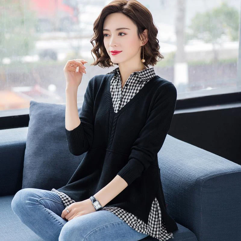 Plaid Patchwork Sweater Women Casual Loose Fake Two Piece Knit Tops Spring Fall Lapel Pullover Korean Mom Knitwear Jumper Pulls