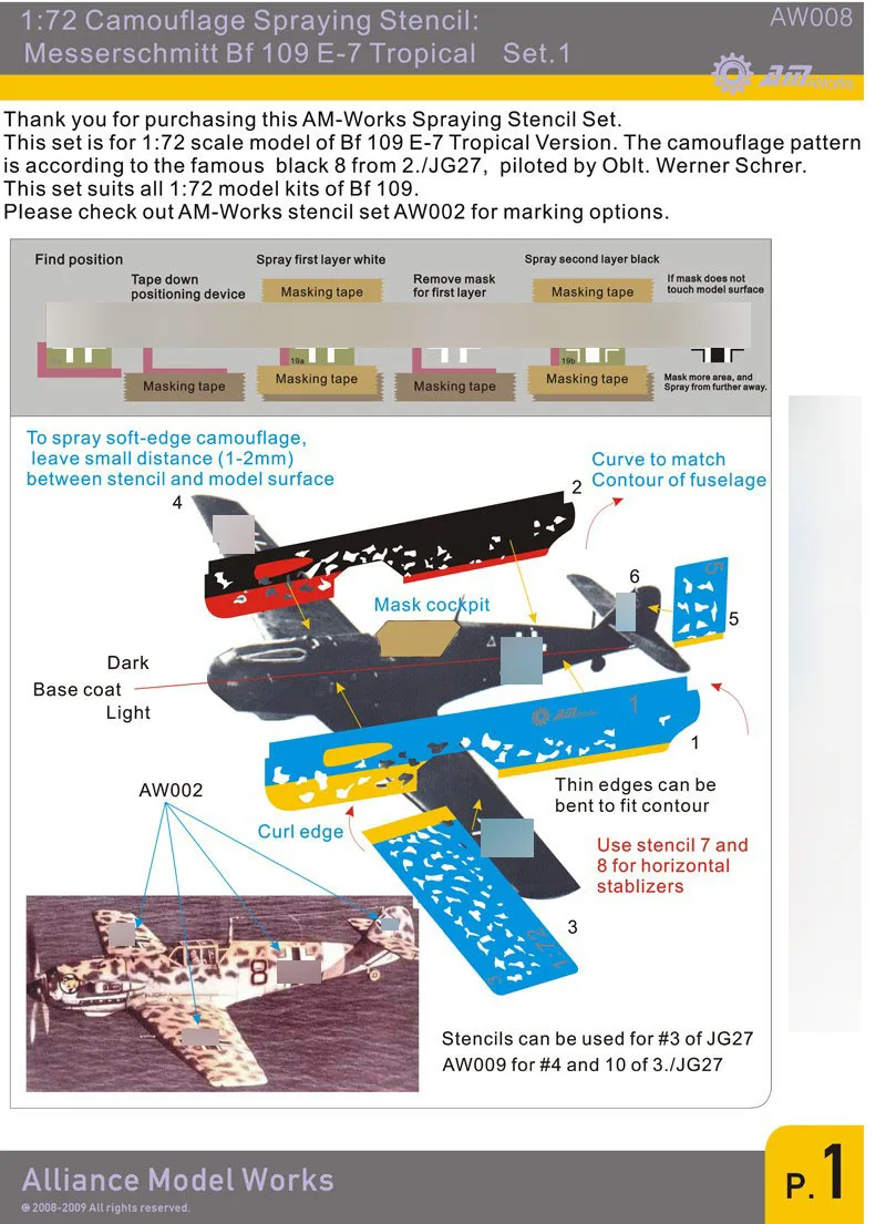 AW008 1/72 Messerschmitt Bf 109 E-7 Tropical Camo Set.1 Coloring Tools