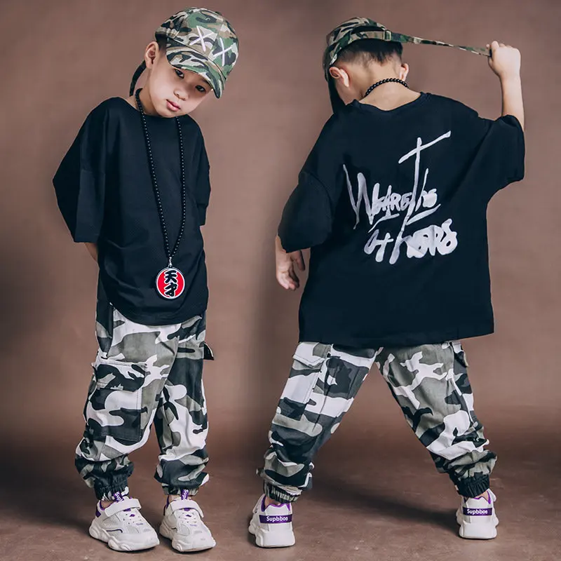 

Boys & Girls Hip-Hop Clothing Set Teenager Kids Loose Street Dancing Clothes Children Performance T-shirt Camouflage Pants X513